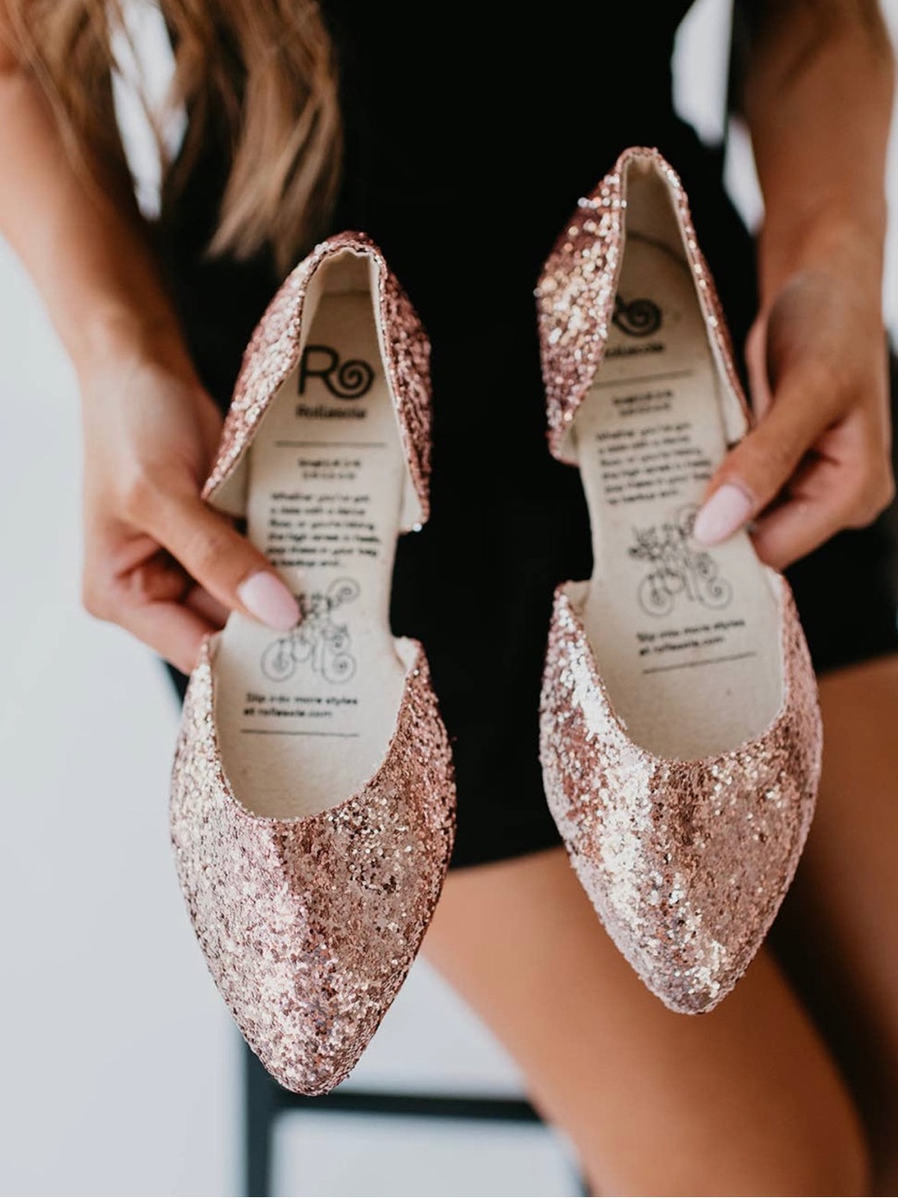 Rose Gold Glitter Pointed Flats for Women